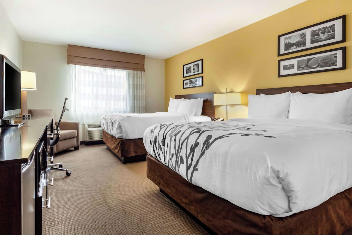 A hotel room with two beds, a desk, a chair, a TV, and framed pictures on the wall.