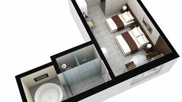 Ein 3D-Grundriss eines Hotelzimmers mit Bad, Bett, einer kleinen Sitzecke und einem Fenster.