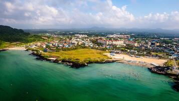 An aerial view of a coastal town with a beach, buildings, and a green park area.