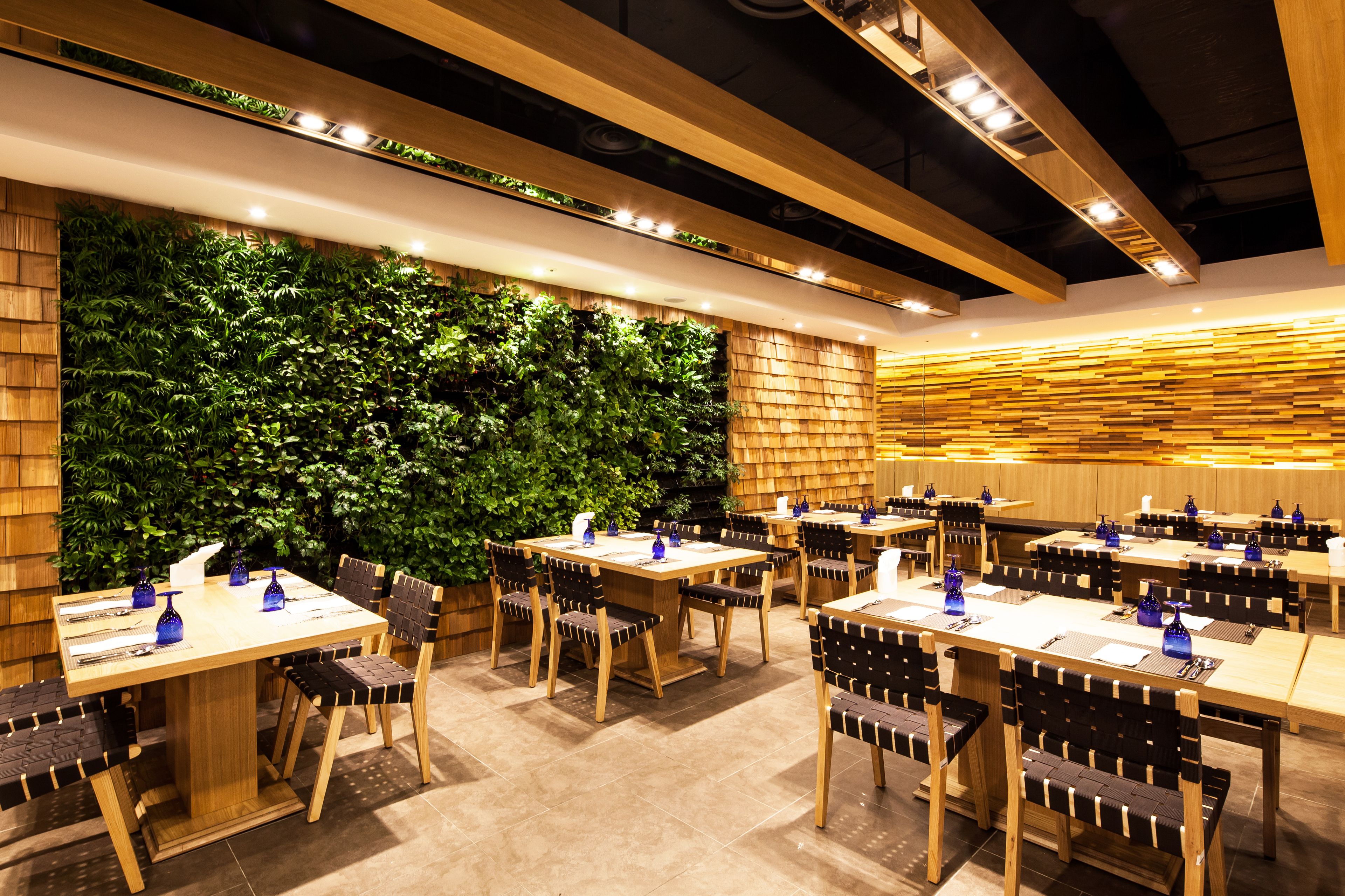 A restaurant with multiple tables and chairs, a green wall with plants, and wooden ceiling beams.