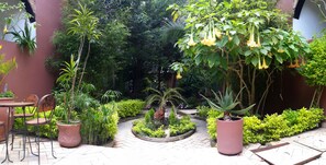 A garden with potted plants, a table, and chairs. - Axkan Arte Hotel San Cristobal (San Cristóbal de las Casas)