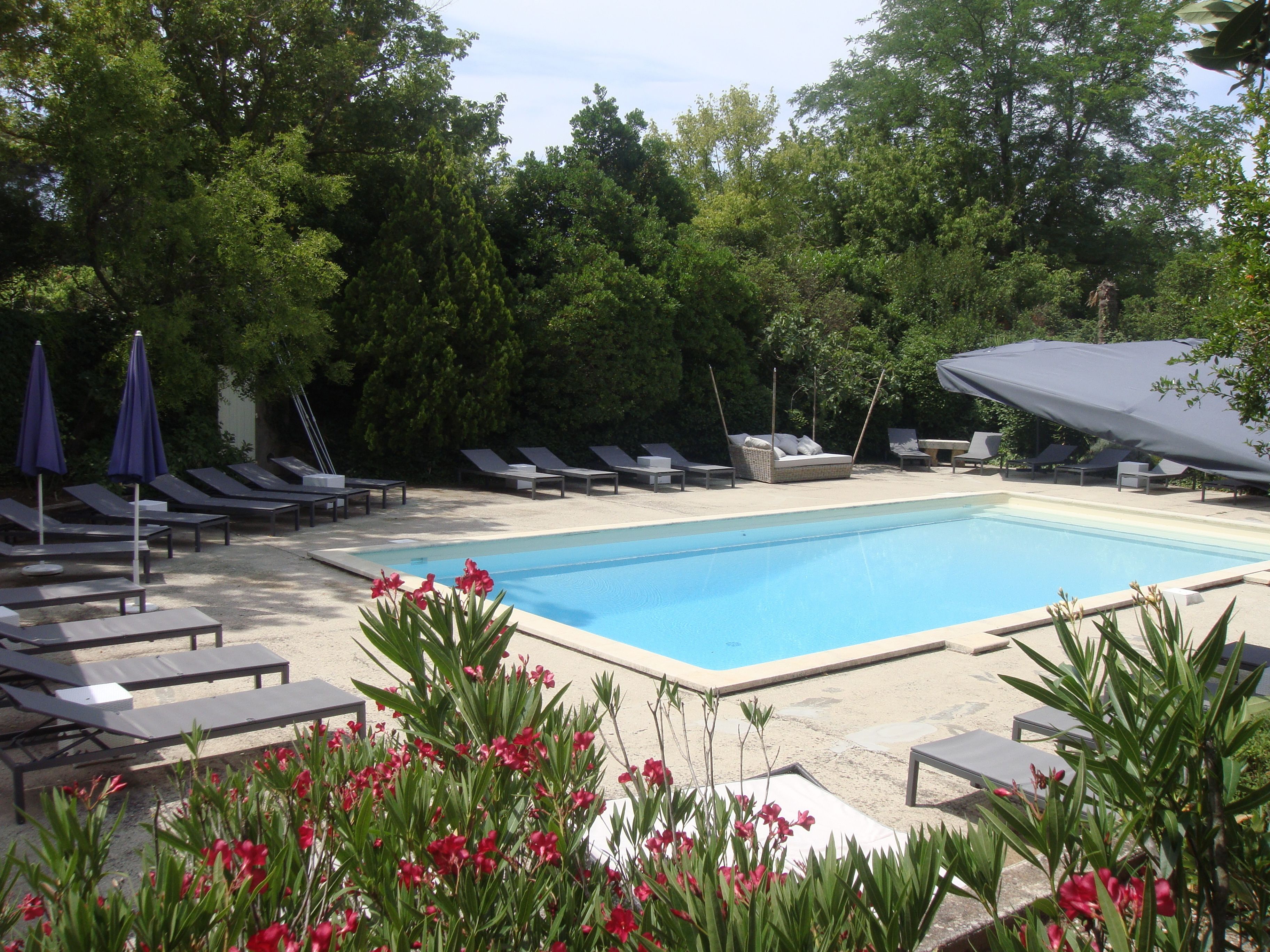 outdoor pool, pool umbrellas, pool loungers