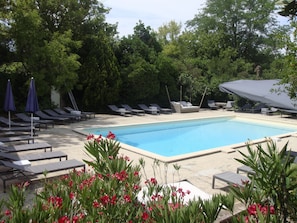 A pool area with lounge chairs and umbrellas, surrounded by trees.