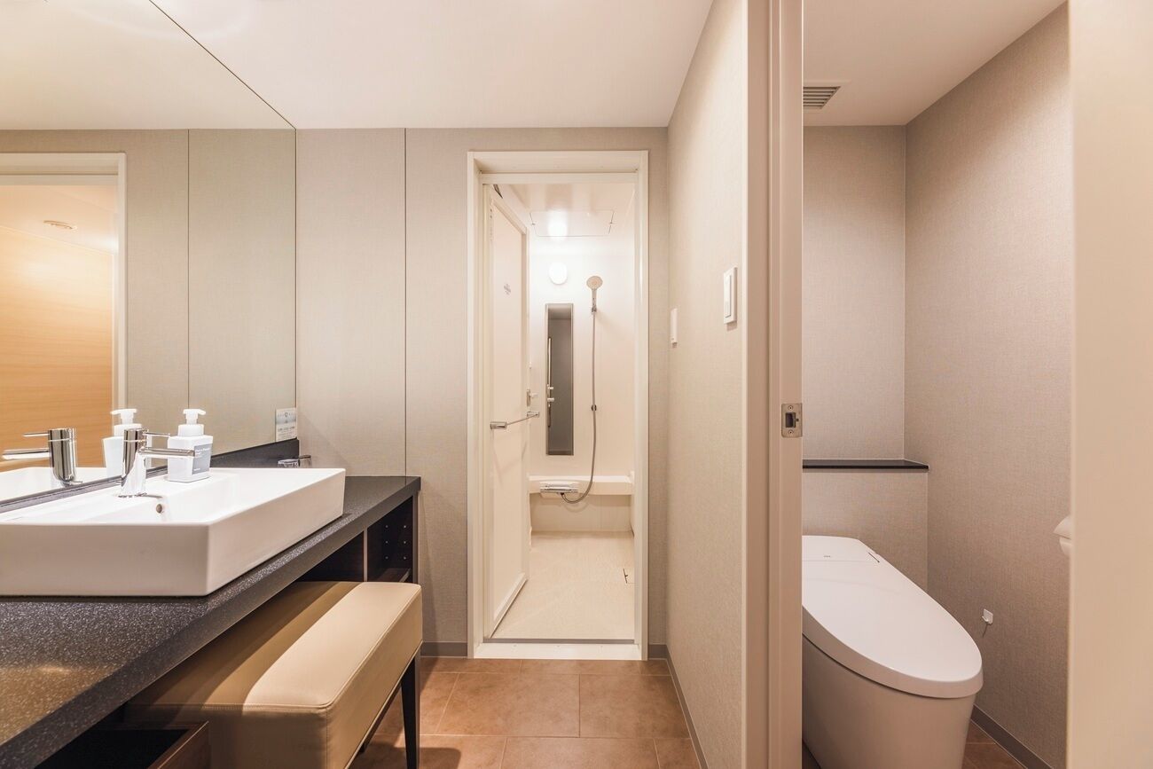 A modern bathroom with a large sink, a toilet, and a shower area.