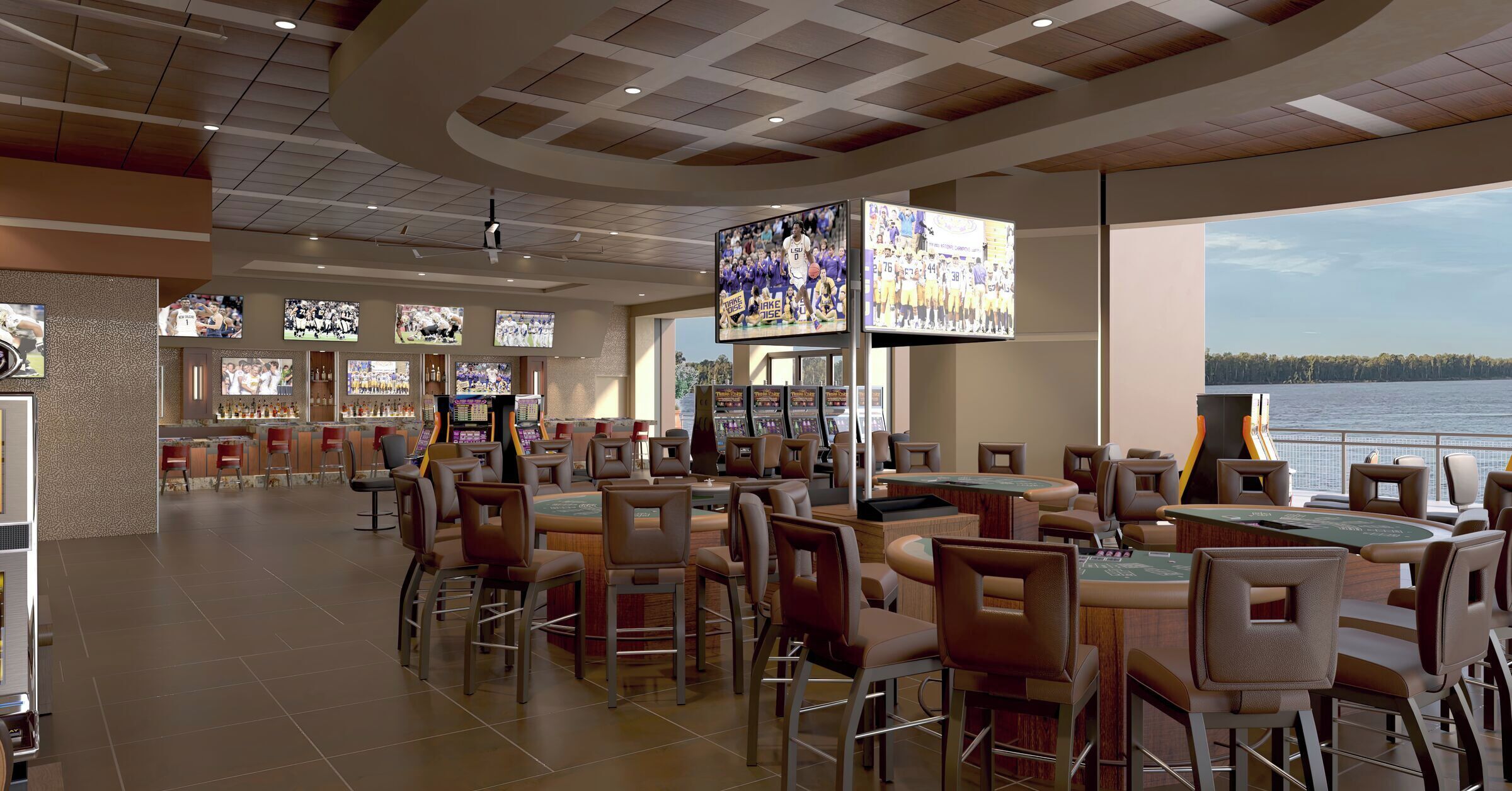 A casino area with multiple blackjack tables and chairs, a bar with red chairs, and large screens displaying sports events.