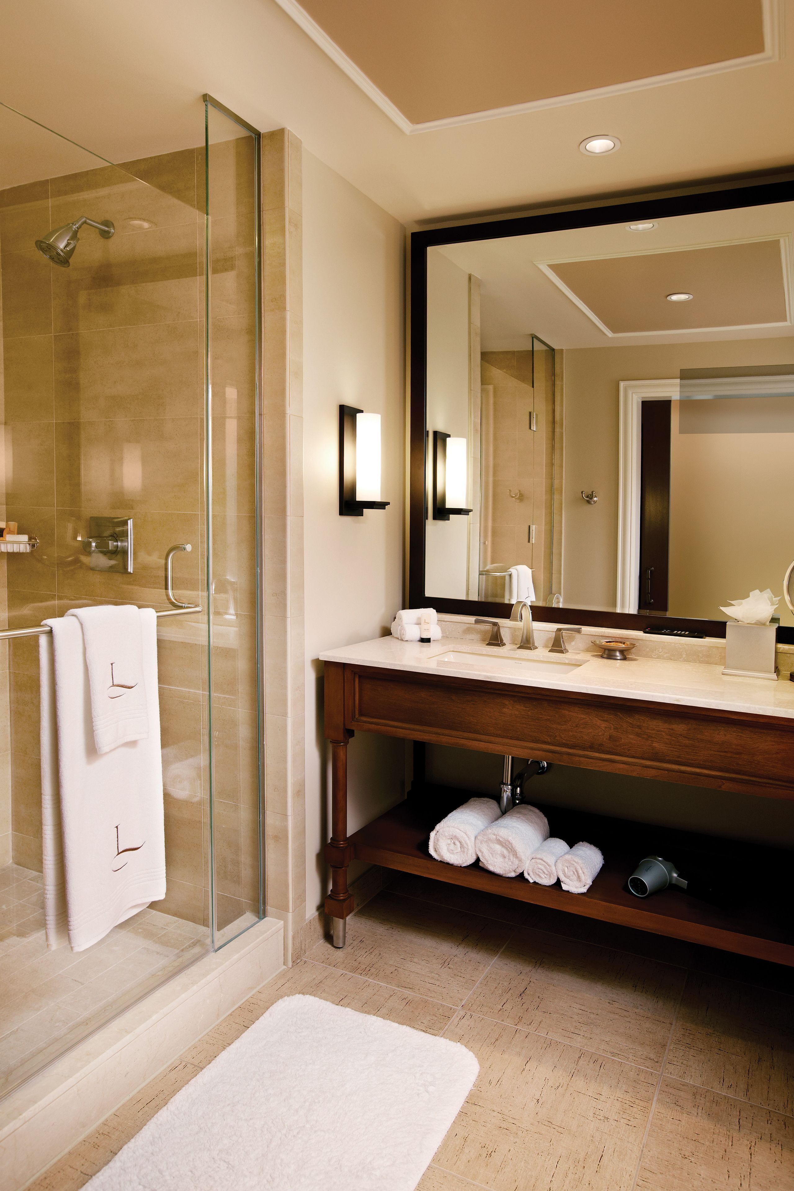 shower, hair dryer, bathrobes, slippers