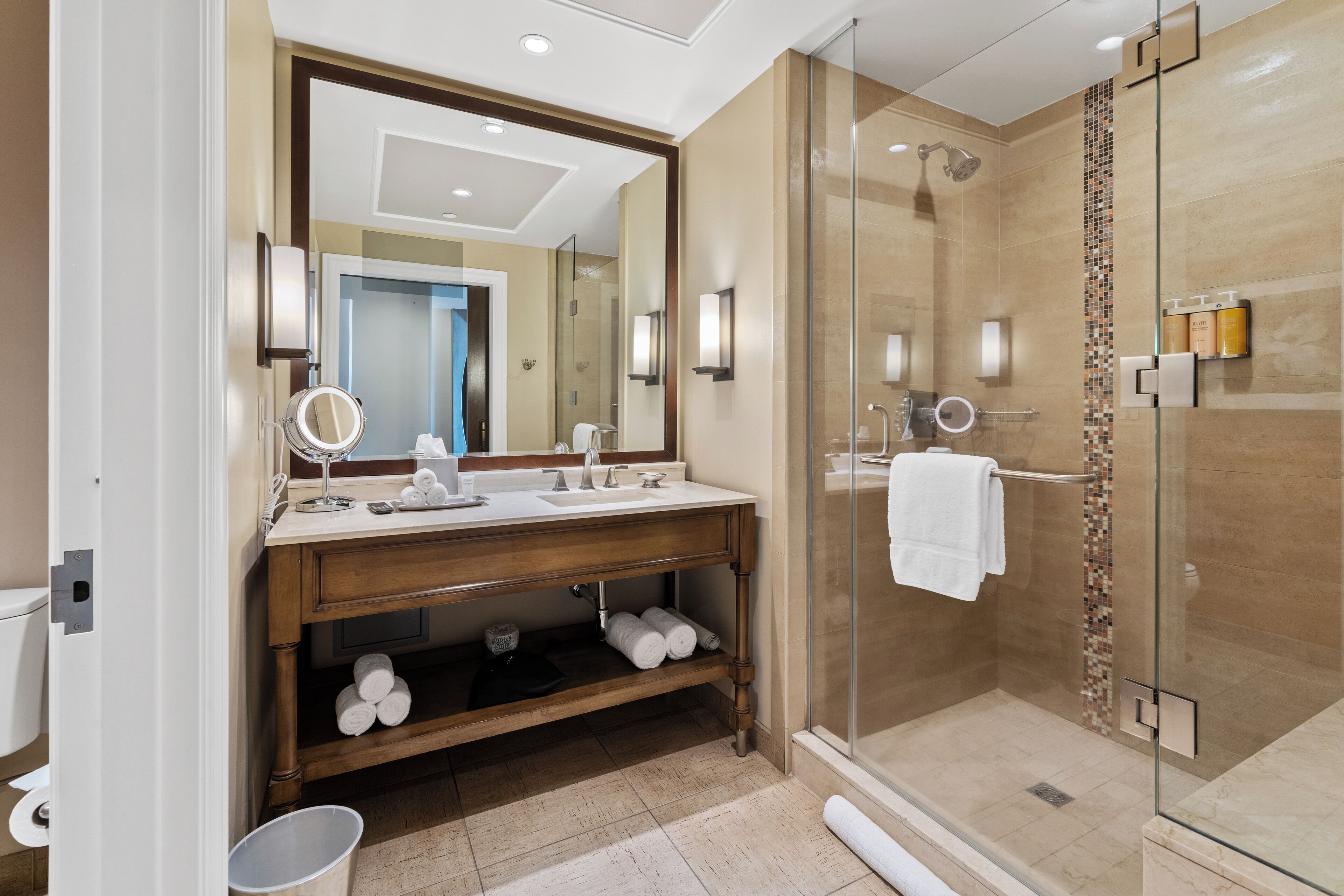 shower, hair dryer, bathrobes, slippers