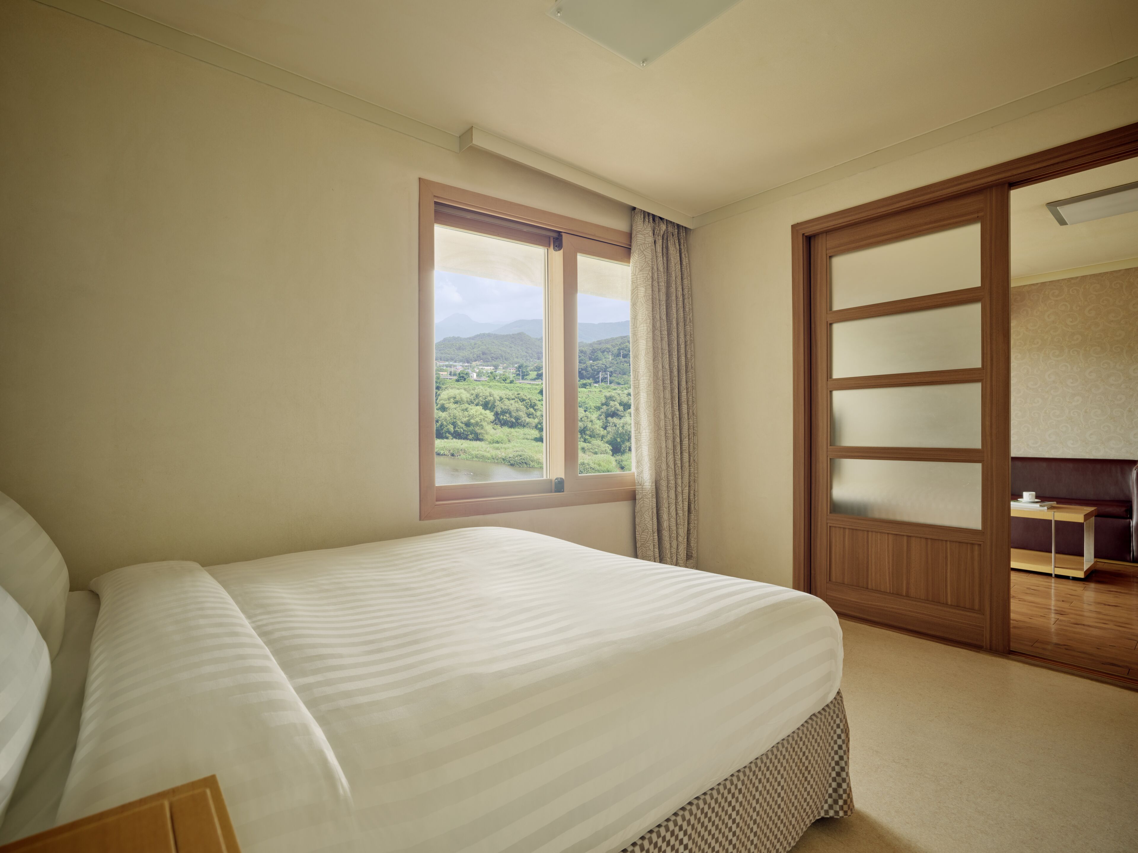 Habitación de hotel con cama, ventana con vistas a zonas verdes y un armario de madera.