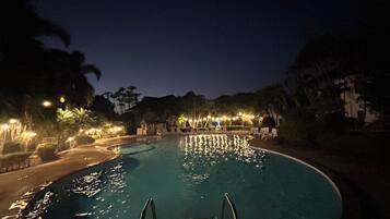 Outdoor pool, pool umbrellas, pool loungers