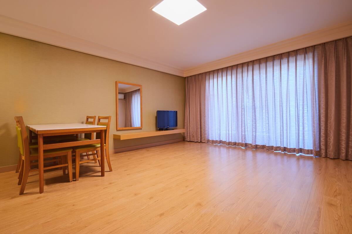 A room with a wooden dining table, chairs, a television on a stand, a large window with curtains, and a mirror on the wall.