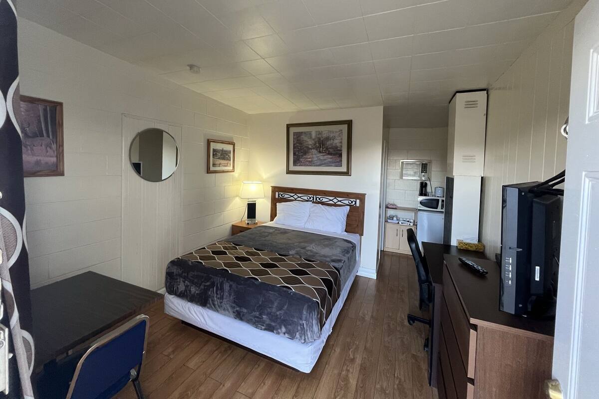 A hotel room with a bed, a desk, a chair, a television, a microwave, and a small kitchenette.
