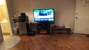 Una sala de estar con televisor, chimenea, piso de madera, puerta y contenedor de basura.