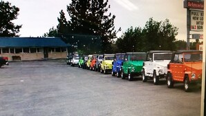 Un estacionamiento con varios vehículos en fila.