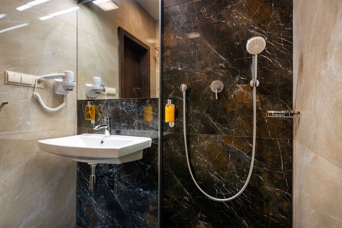 shower, free toiletries, hair dryer, towels