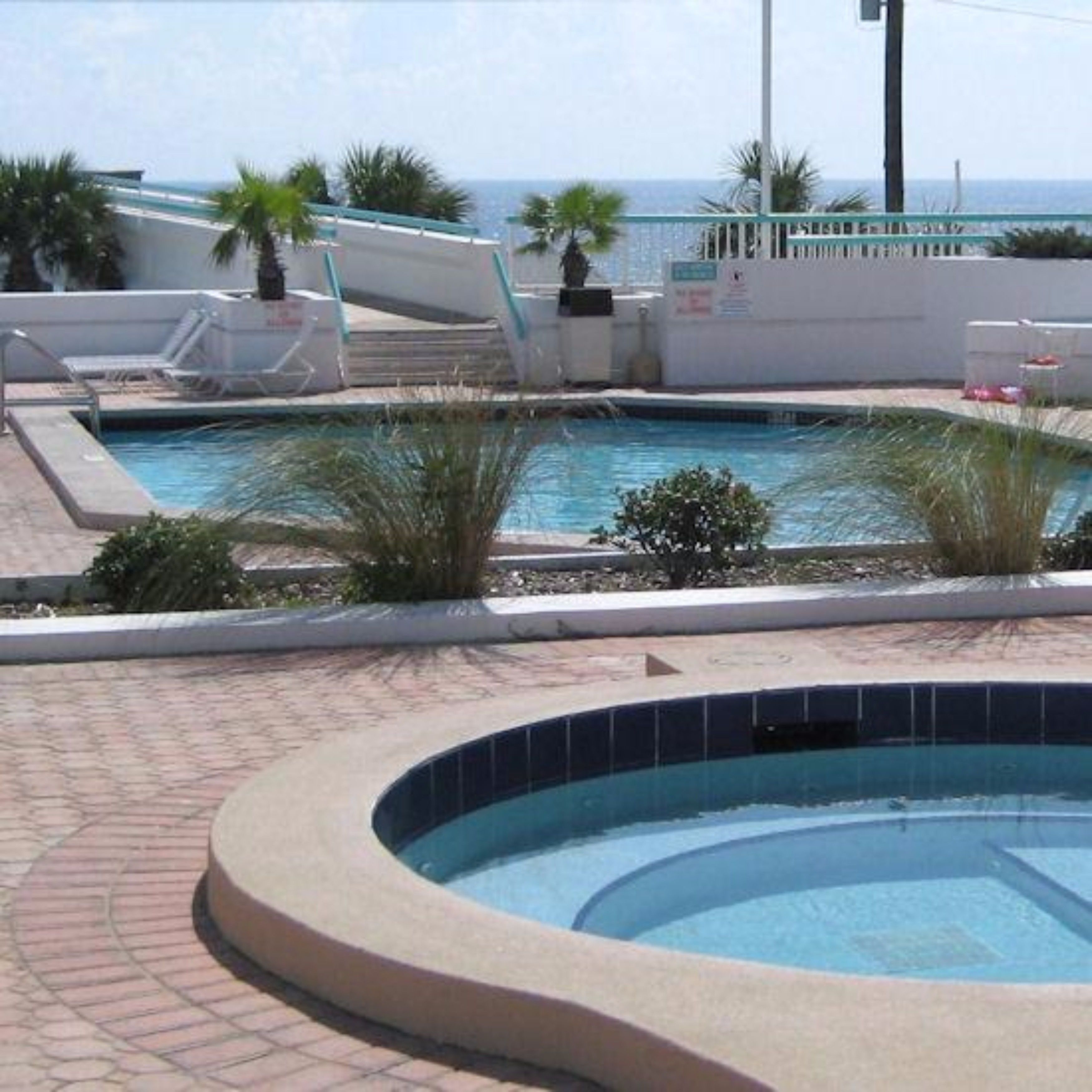 Une piscine dont le bord est revêtu de carreaux, entourée d’un chemin pavé en briques et de palmiers.