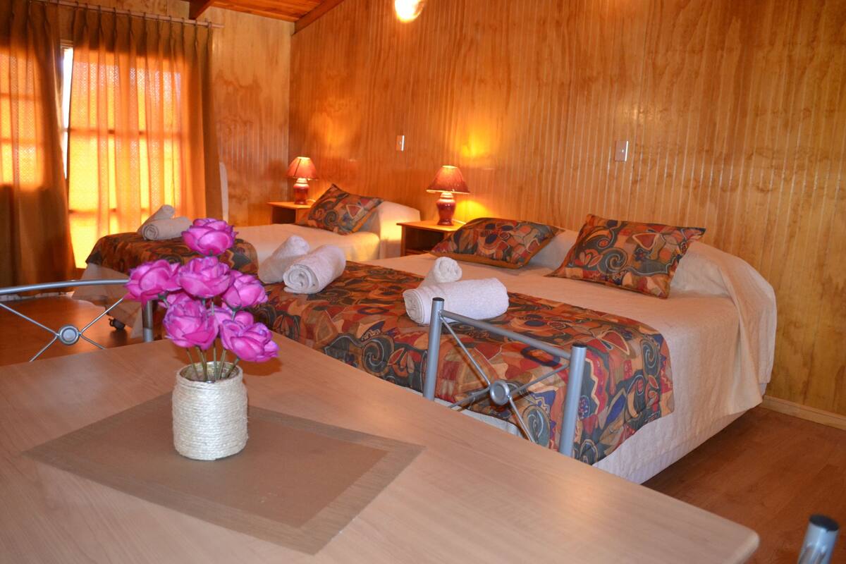 Una habitación de hotel con dos camas, una pared de madera, una mesa con un florero y dos lámparas de noche.