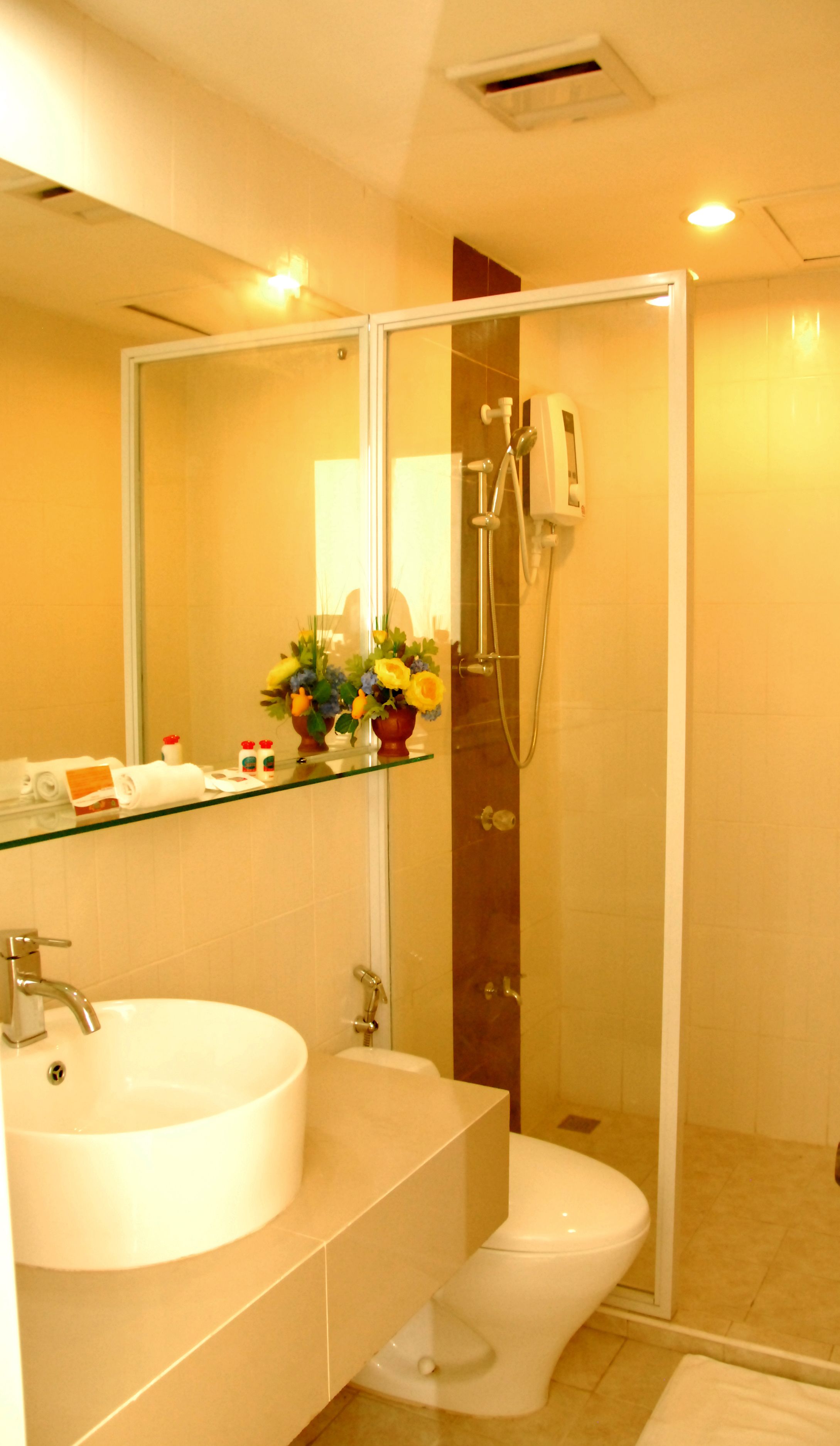 A modern bathroom with a glass-enclosed shower, a white sink, and a toilet.