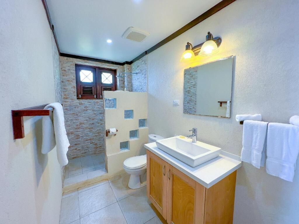 Ein Badezimmer mit einem weißen Waschbecken, Holzschränken, einer weißen Toilette und einer Duschkabine.