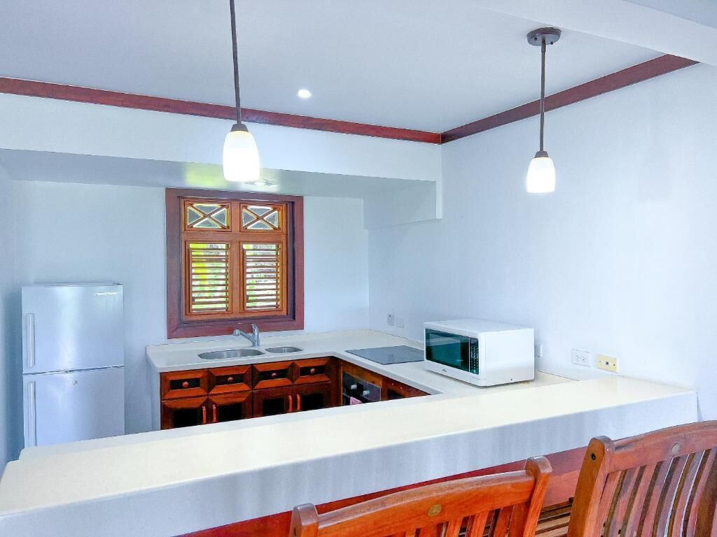 Une cuisine de taille réduite équipée d’un réfrigérateur, d’un four à micro-ondes et de meubles de rangement en bois.