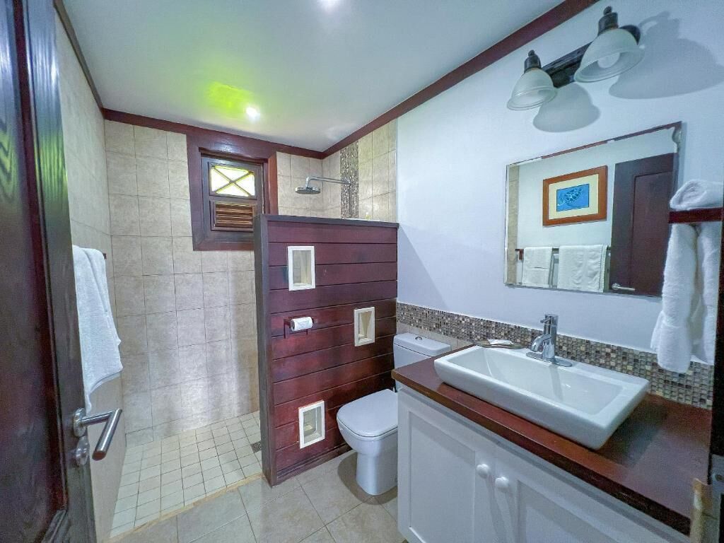 Un baño con ducha, inodoro, lavamanos y espejo.