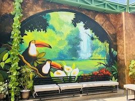 Un mural con tucanes y una cascada, bancos y plantas en macetas.