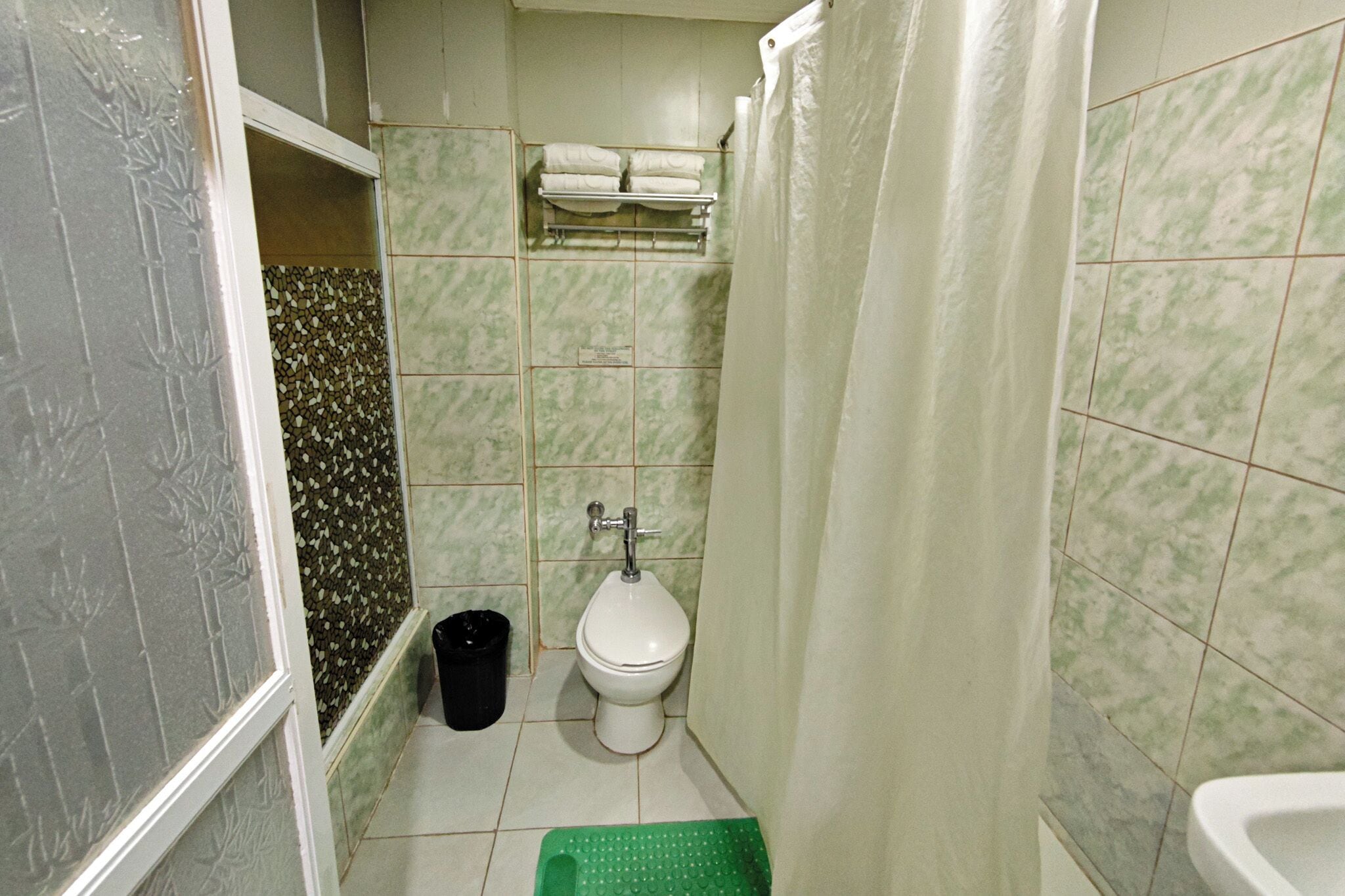 A small bathroom with a toilet, a green mat, a black trash bin, and a towel rack with folded towels.
