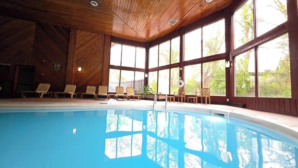 Una piscina interior con paredes de madera y ventanas amplias.