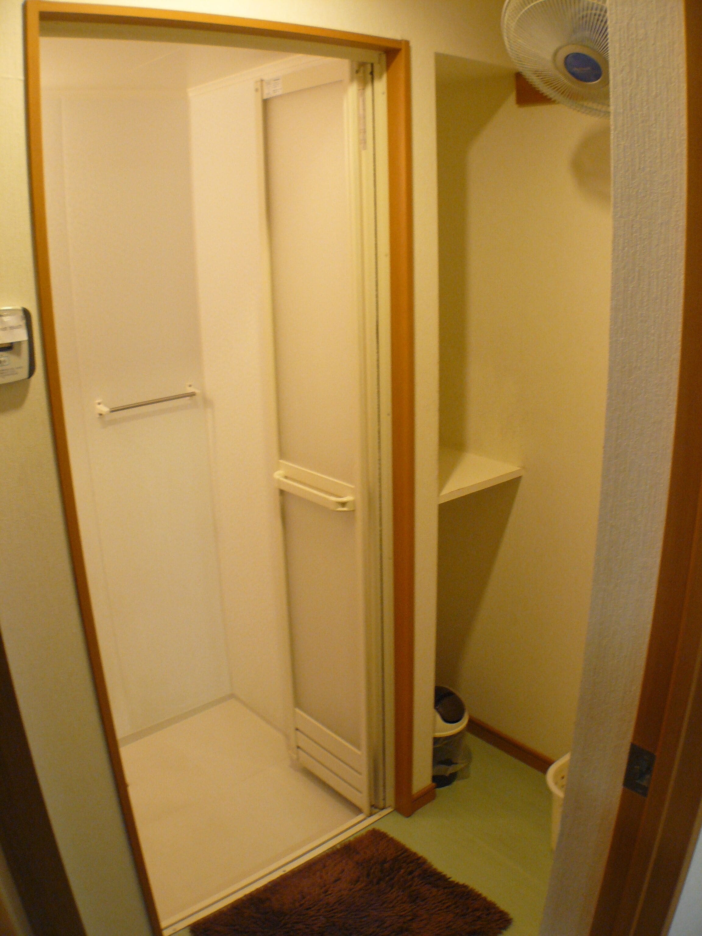 A narrow hallway with a door leading to a bathroom, a small shelf unit, and a trash can.