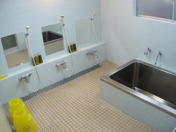 Bathroom features a large sink, mirror, and shower area with handheld showerhead.