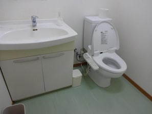 Bathroom features a white sink, toilet, and cabinets with two drawers.