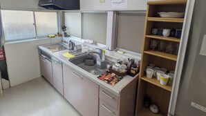 Una cocina compacta con un lavabo, estufa y un estante de madera con vajilla.