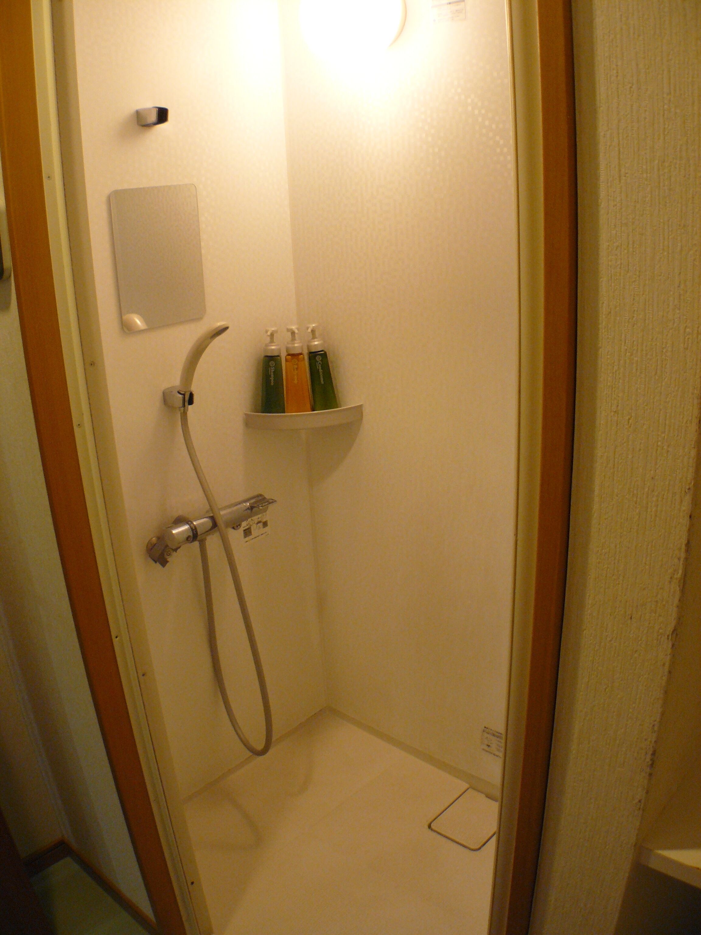 A small, enclosed shower area with a handheld showerhead, a wall-mounted soap dispenser, and a shelf with three bottles of liquid soap.
