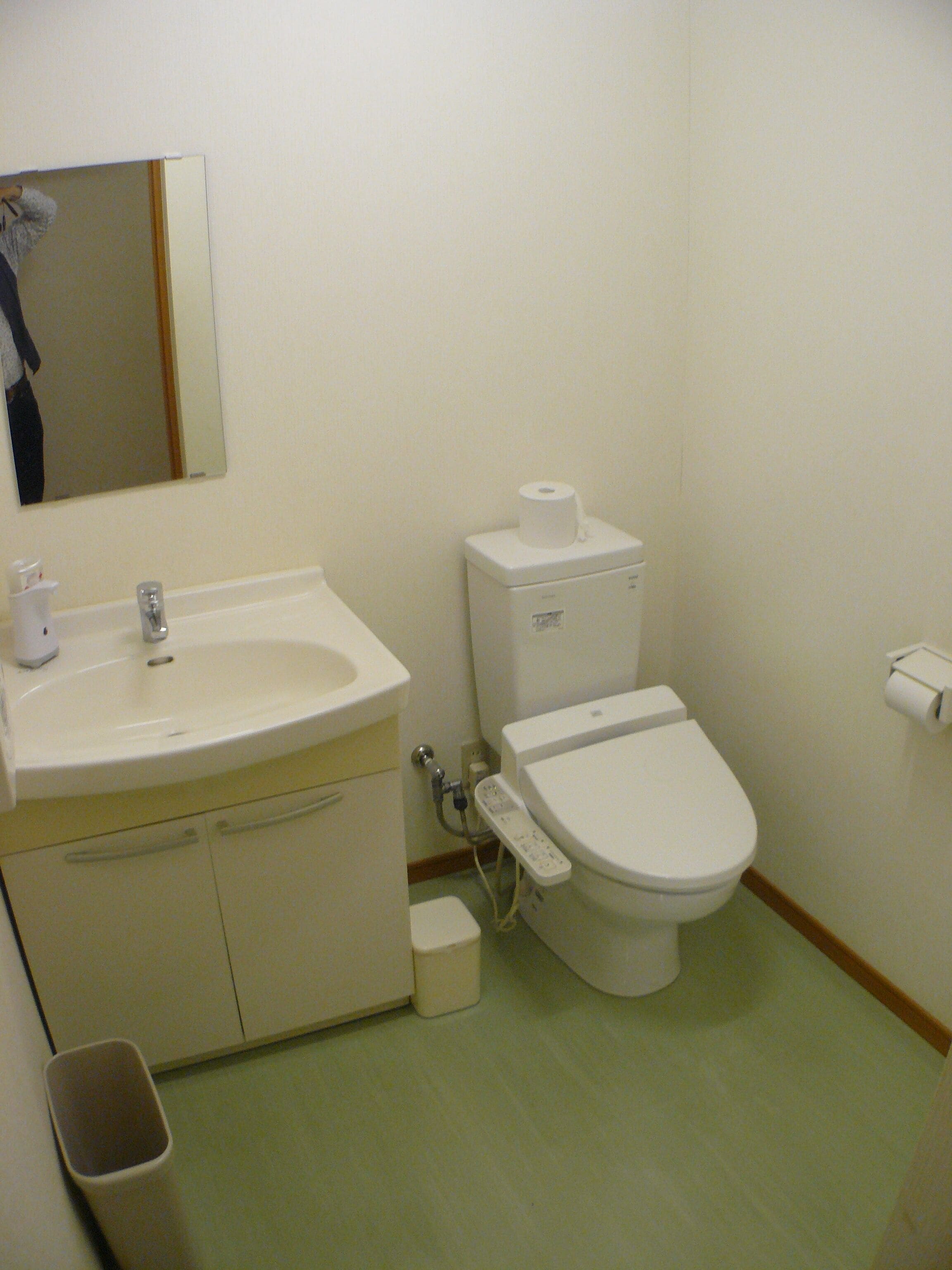 A small, clean bathroom with a sink, toilet, and a mirror.