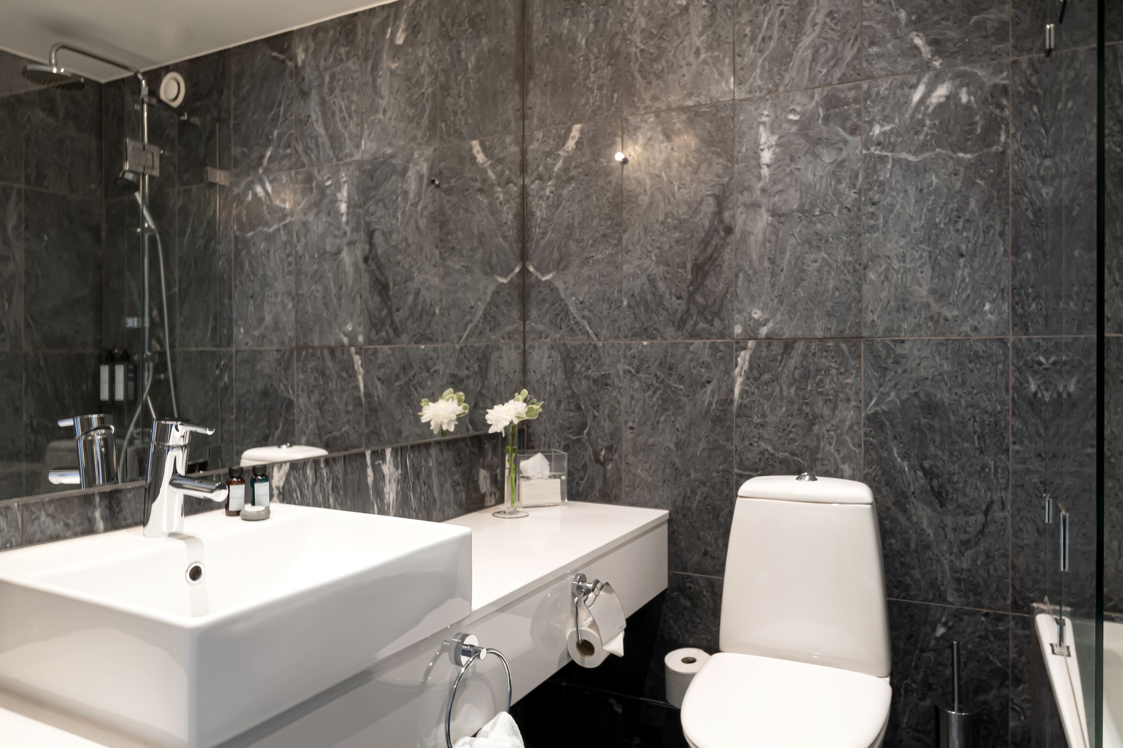 free toiletries, hair dryer, towels