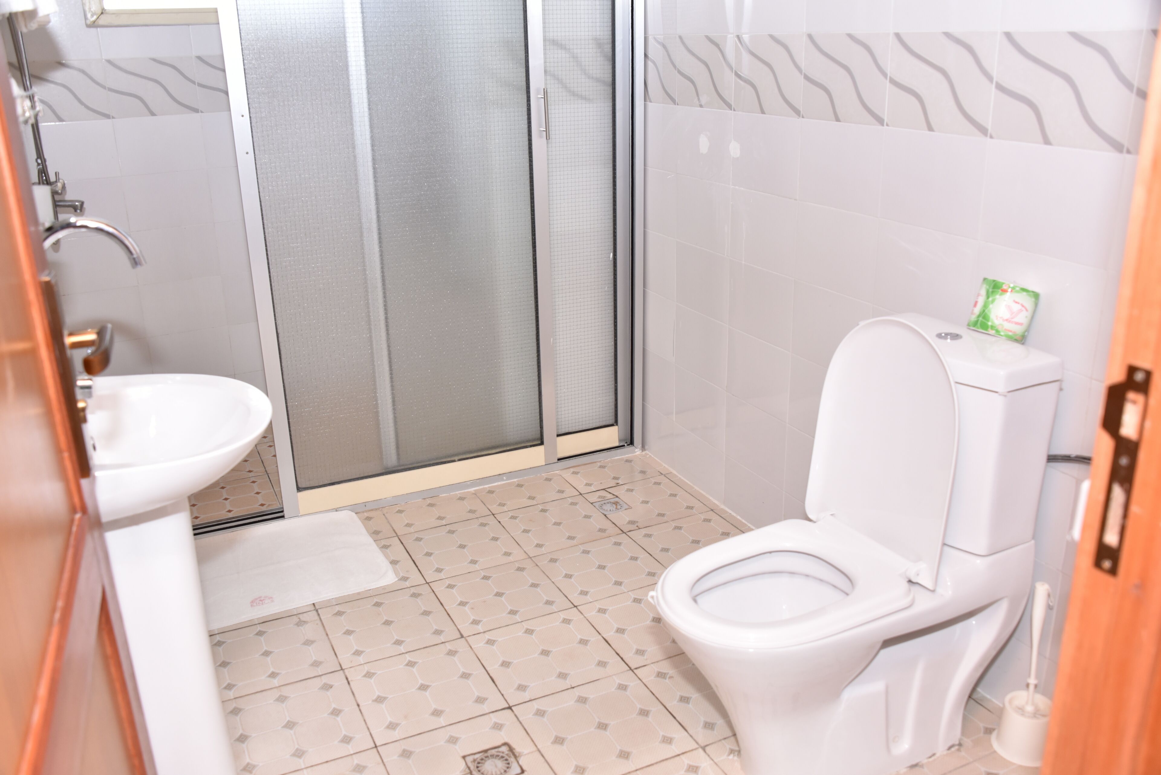 Un baño con inodoro, lavabo y zona de ducha.