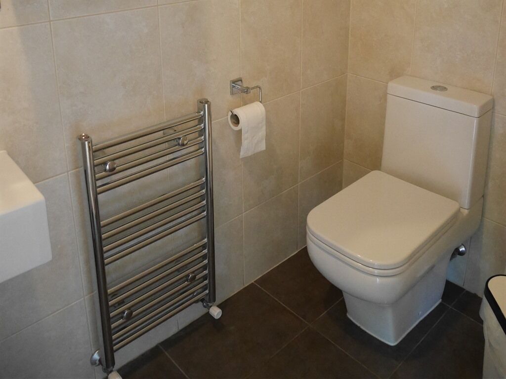 Un baño con inodoro, toallero y un rollo de papel higiénico.