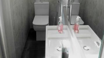 A modern bathroom with a toilet, a sink, and a mirror.