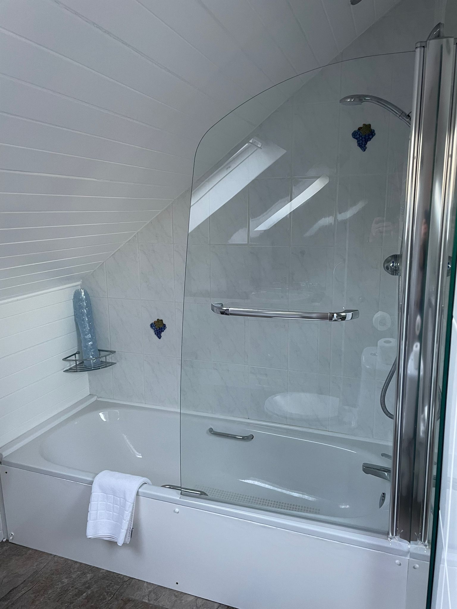 A modern bathroom with a glass-enclosed shower, a bathtub, and a towel rack.