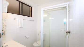 Shower, free toiletries, hair dryer, towels