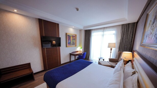 Habitación de hotel con una cama grande, un escritorio, una silla, un televisor y una ventana con cortinas.
