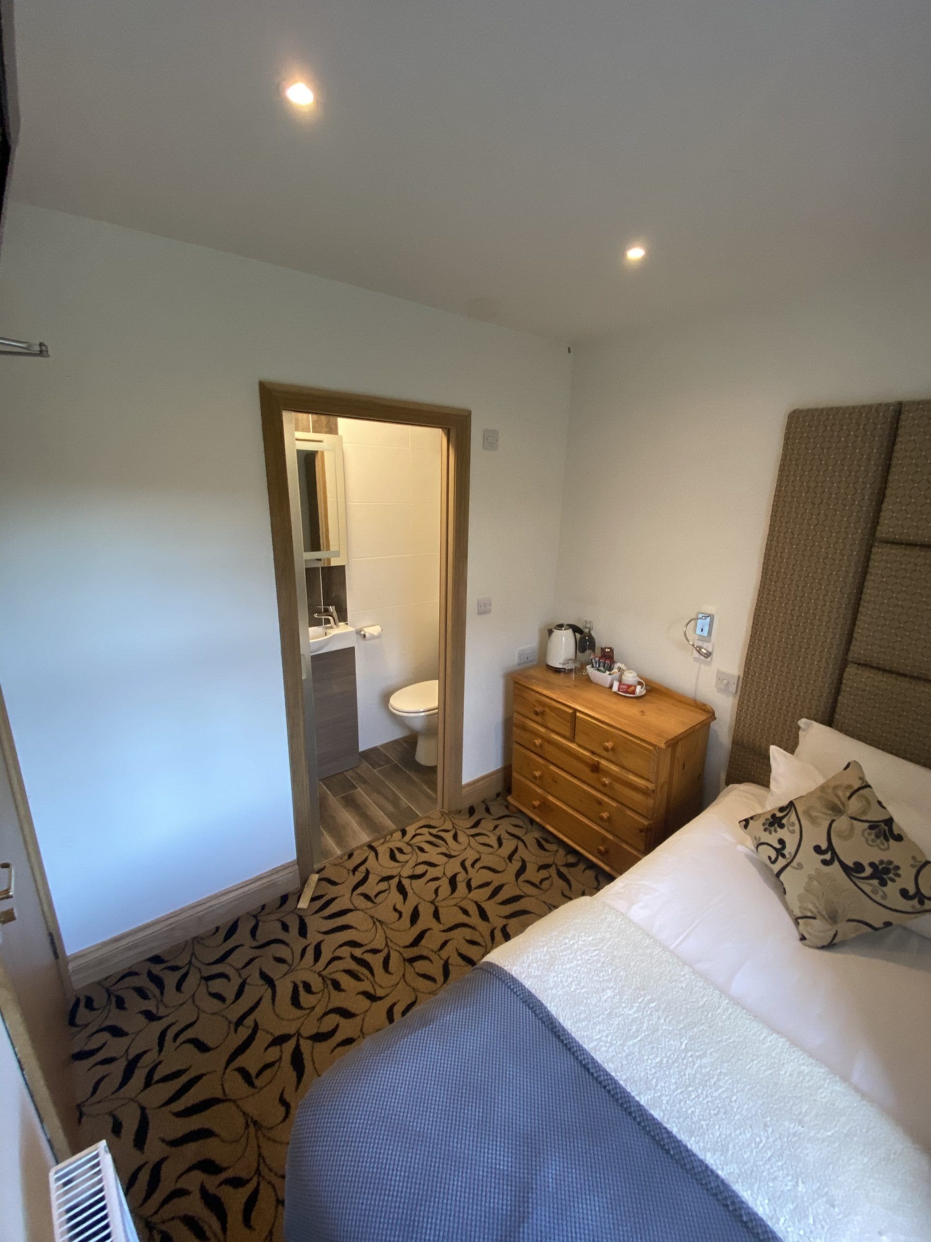 Habitación de hotel con cama, cómoda de madera, baño con inodoro y lavabo, y alfombra estampada.