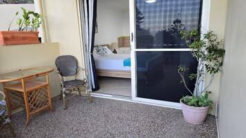 A balcony with a table and chairs, a sliding glass door leading to a bedroom, and a potted plant.