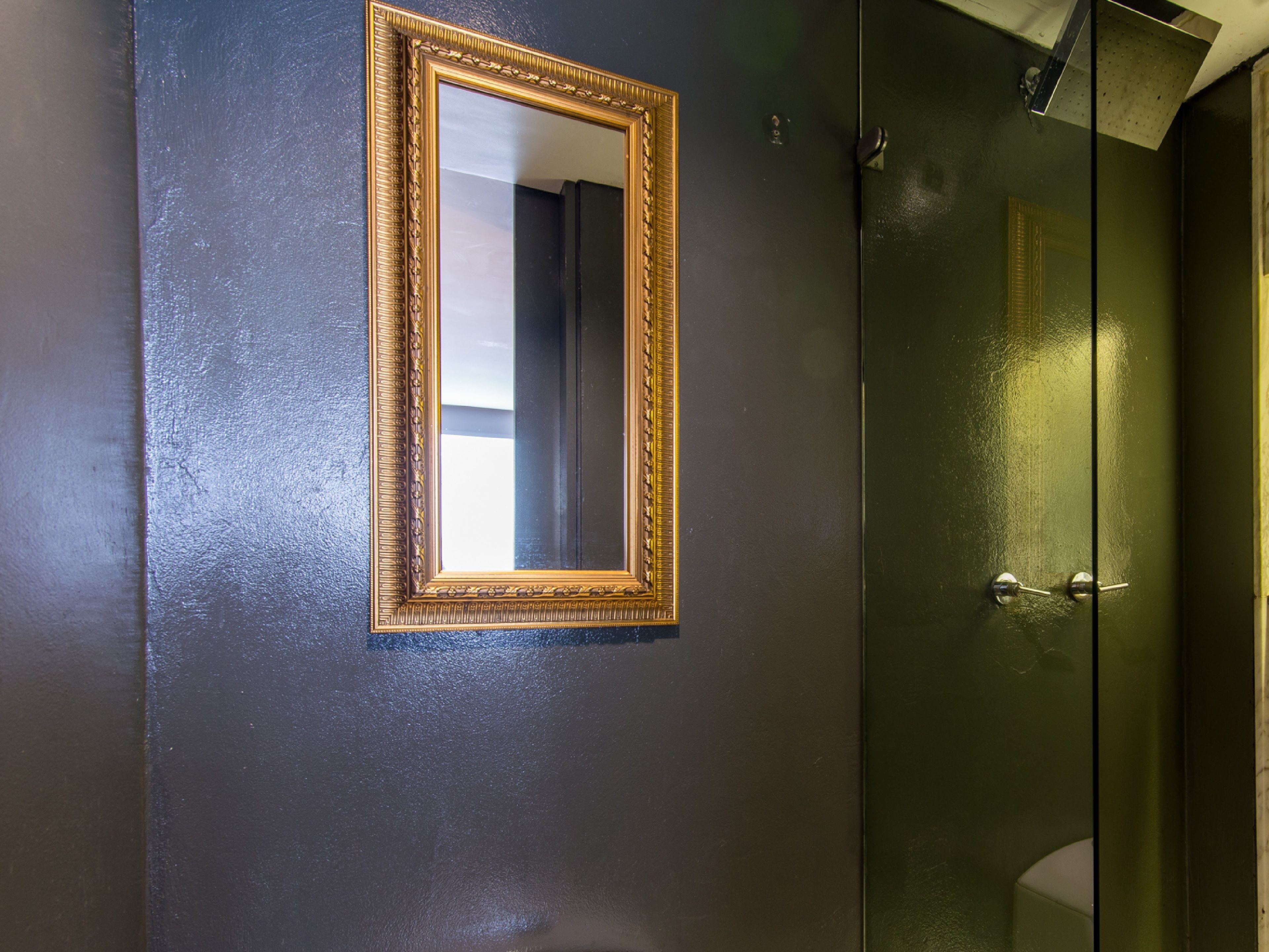 Una habitación oscura con un espejo en marco dorado en la pared y una puerta verde.