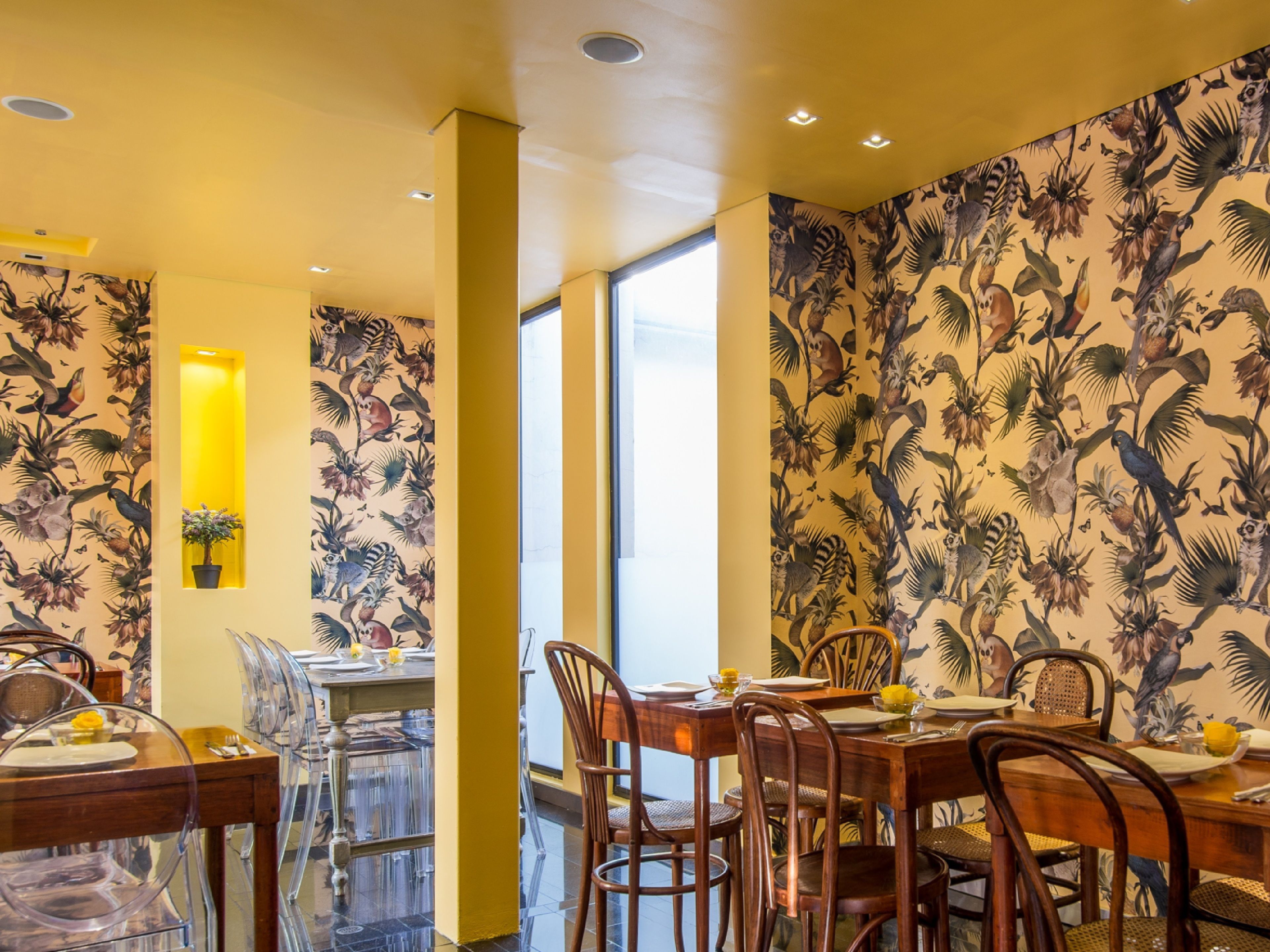 Comedor con papel tapiz de animales tropicales, sillas de madera y una mesa de vidrio.