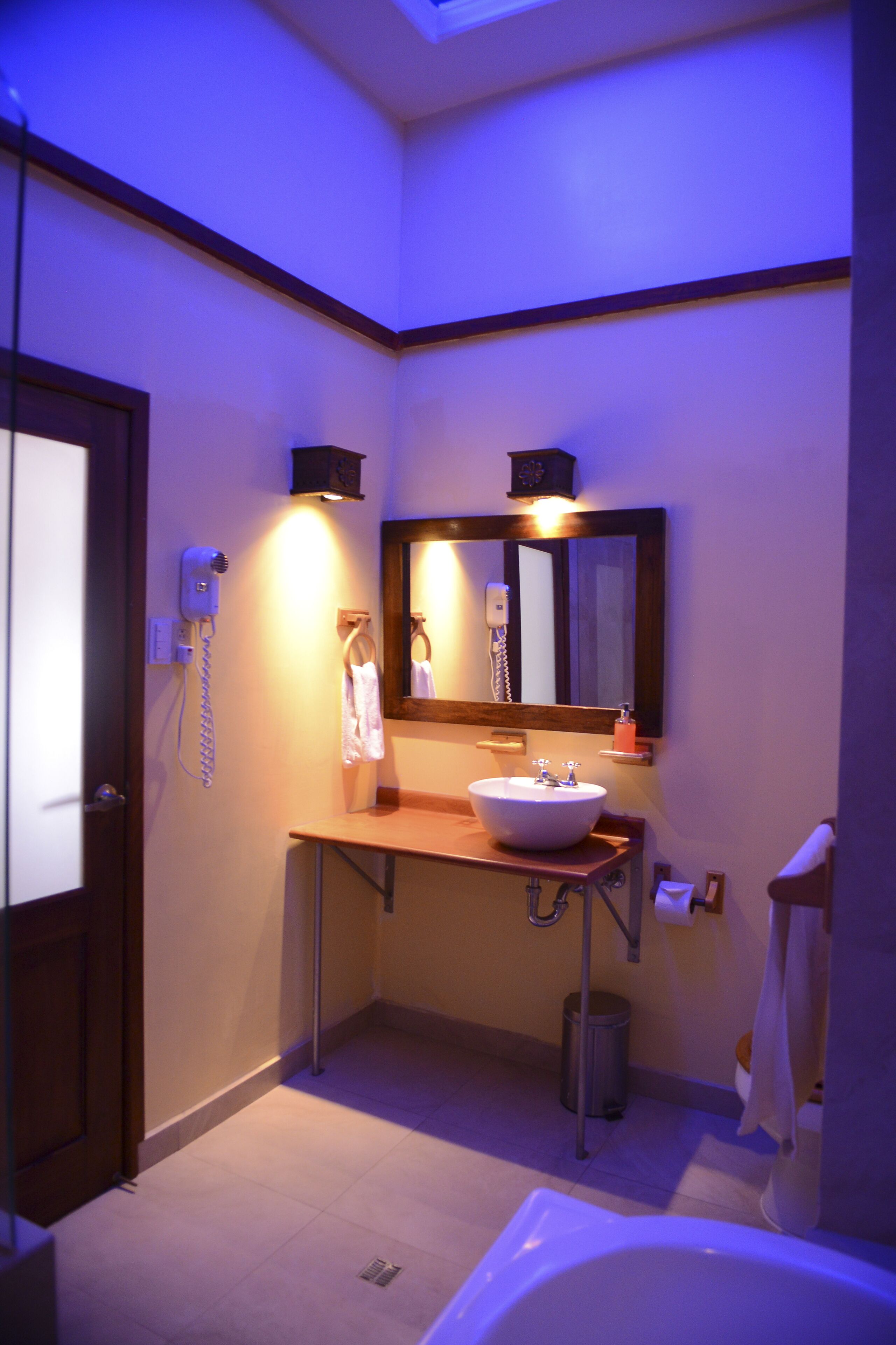 hair dryer, bathrobes, bidet, towels