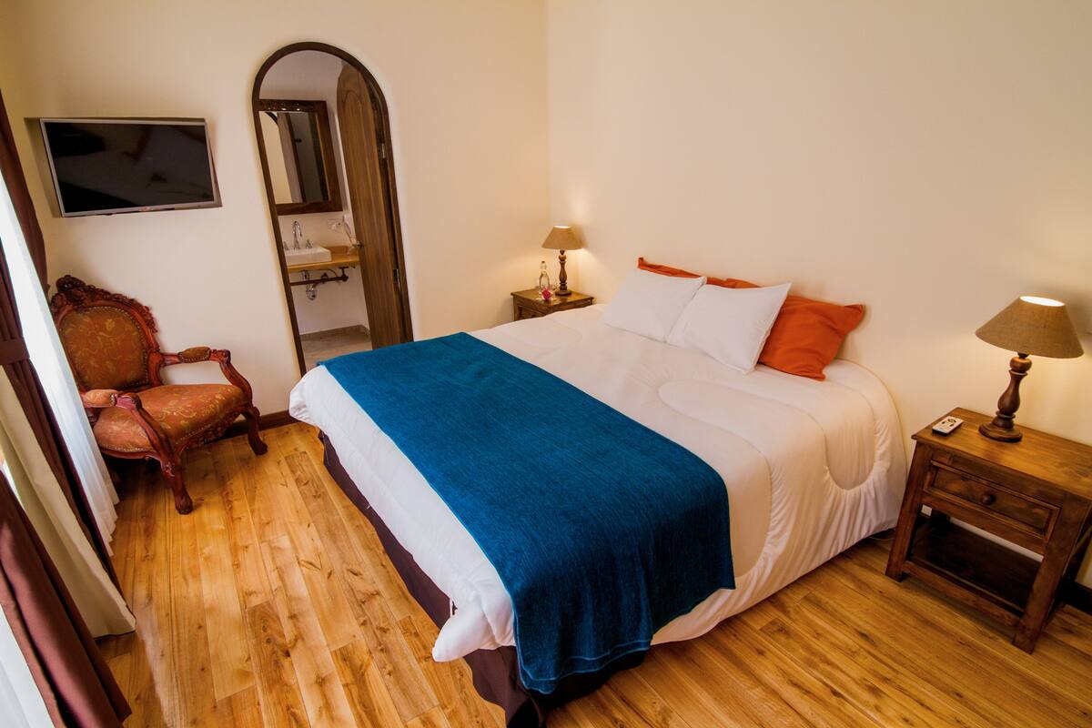 Habitación de hotel con una cama grande, suelo de madera, una silla, un espejo, un televisor y dos mesitas de noche con lámparas.