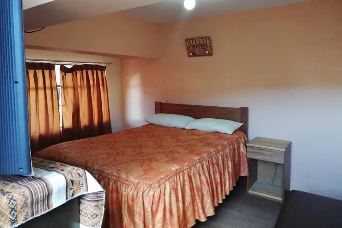 Una cama individual con una colcha estampada y almohadas, una mesita de noche y una ventana con cortinas.