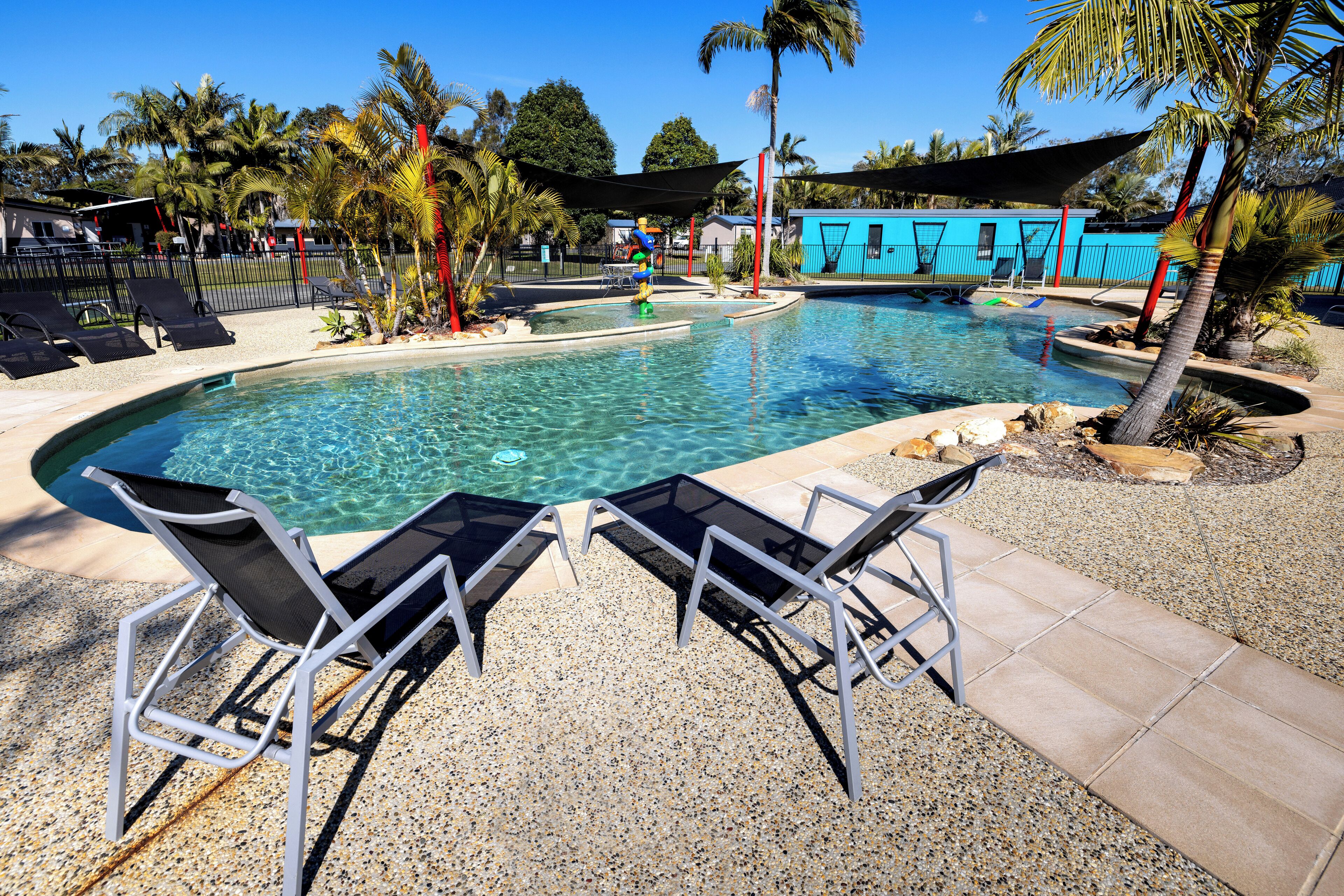 Une piscine aux eaux cristallines, agrémentée de chaises longues et de palmiers.