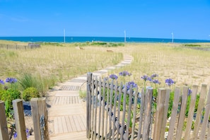 Un muelle de madera que lleva a una playa, con una valla de madera y flores azules.