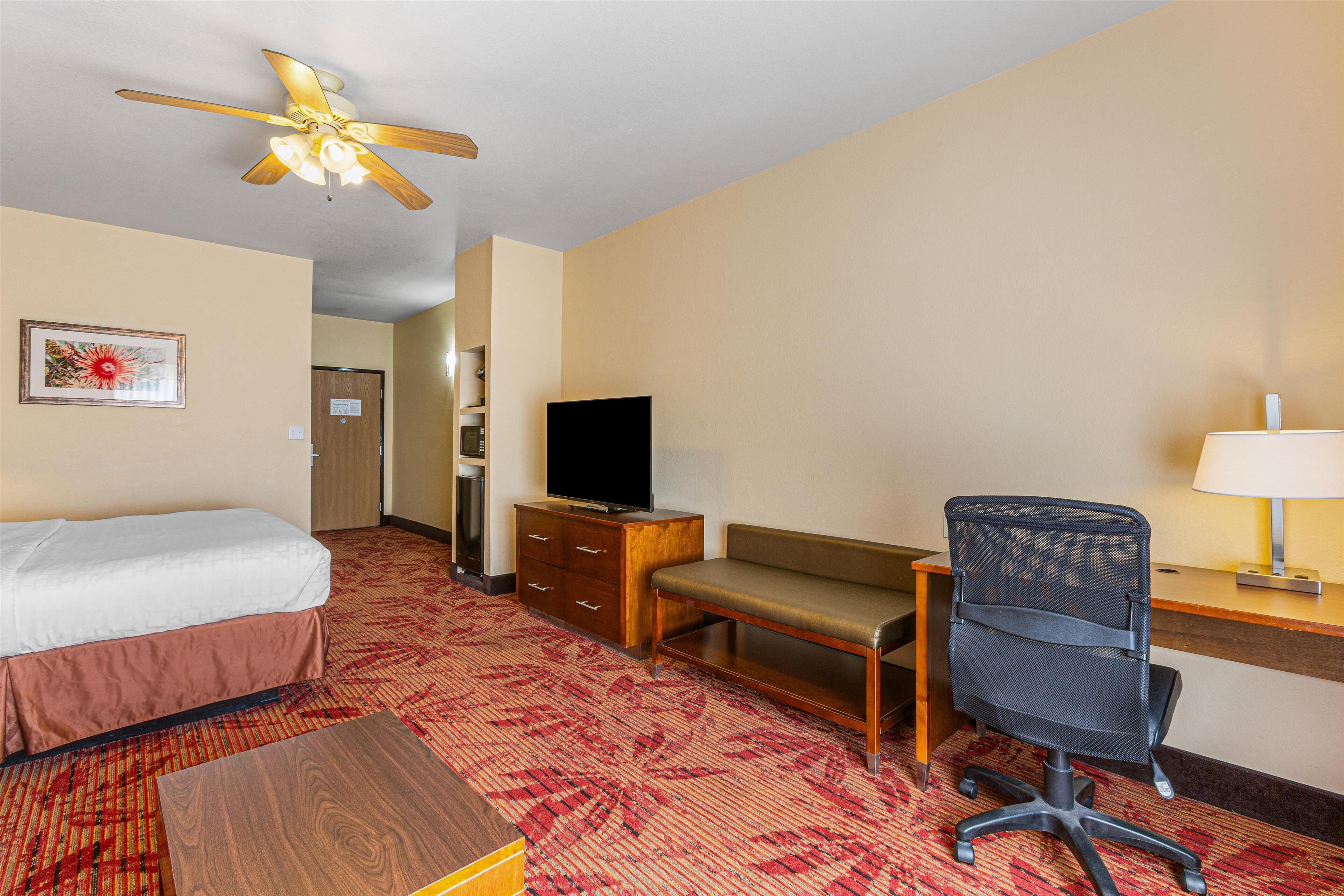 A hotel room with a bed, desk, chair, television, and a ceiling fan.